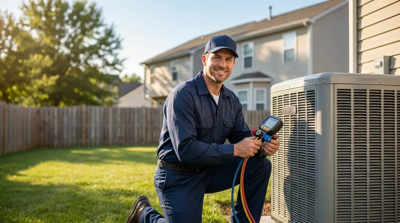 Licensed local HVAC technician servicing an air conditioner